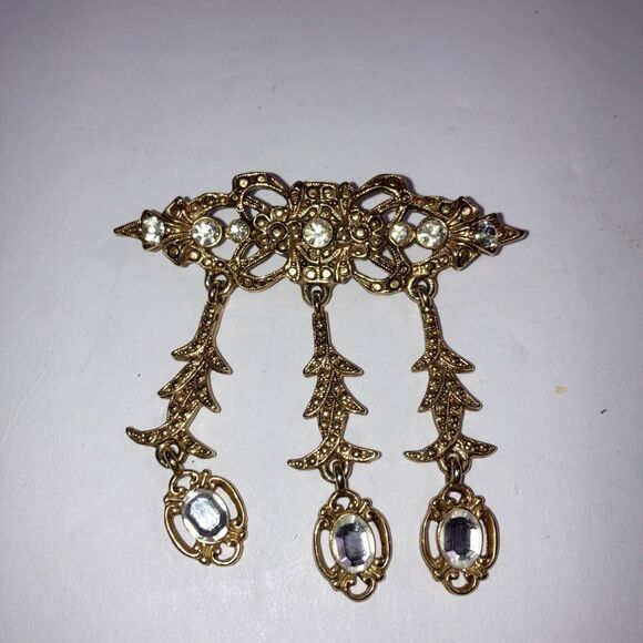 Vintage 1980s Gold Tone Jeweled Elegant Hair Women's Jewelry Dangle Brooch Pin - Picture 1 of 5
